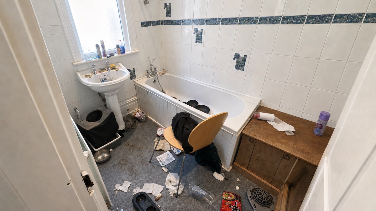 Cluttered bathroom before the Sky Prime deep clean